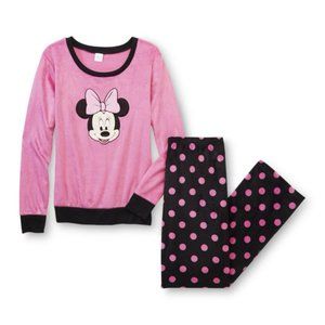 Disney Minnie Mouse 2Pc Pink & Black Polka Dot Velour Pajamas Set Women's L